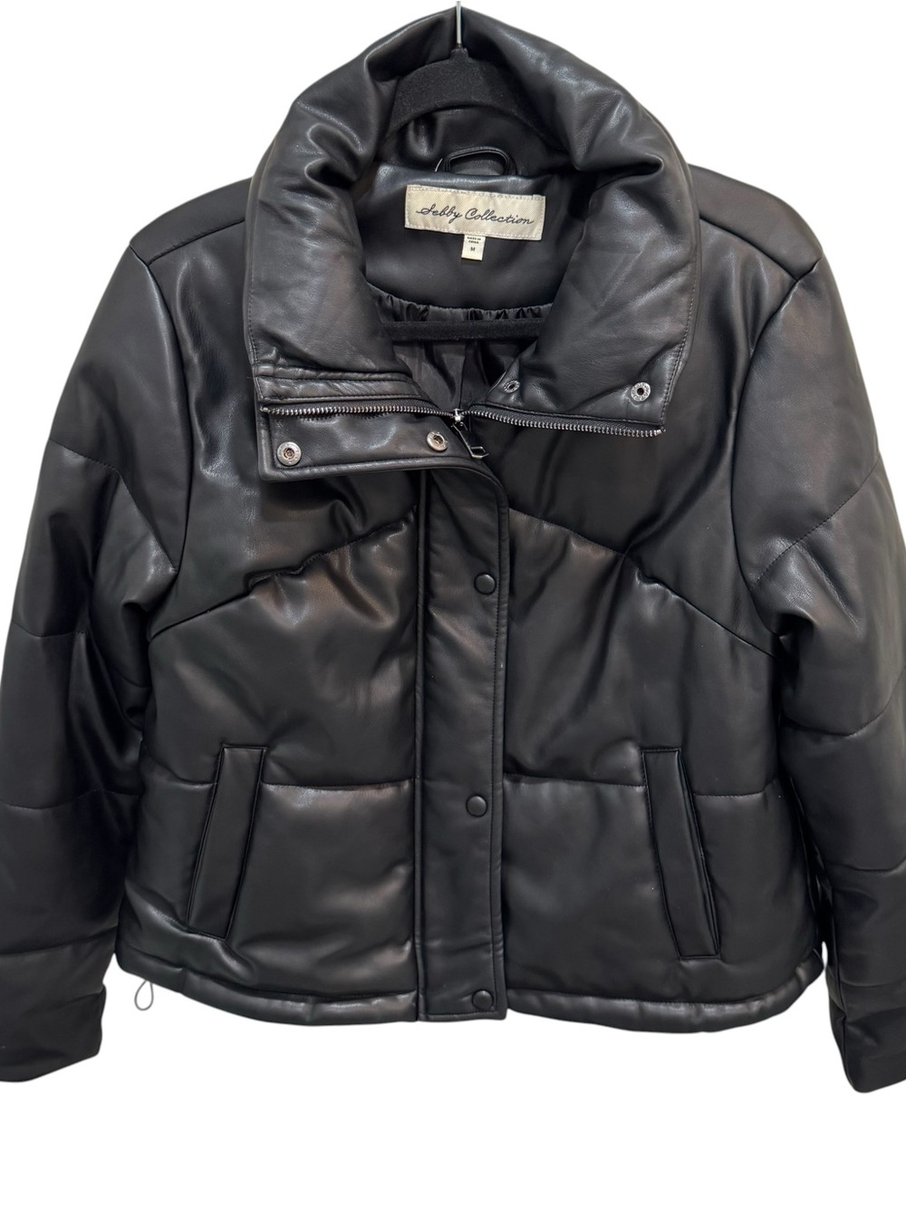 Sebby Collection Faux Leather Puffer Jacket Black Short Length Women's M